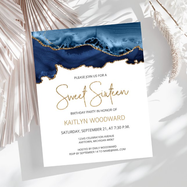 Invitation Budget Blue Gold Agate Sweet 16 (Créateur téléchargé)