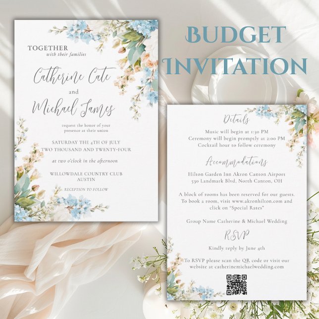 Invitation Budget Blue & White Floral Elegant Wedding (Créateur téléchargé)