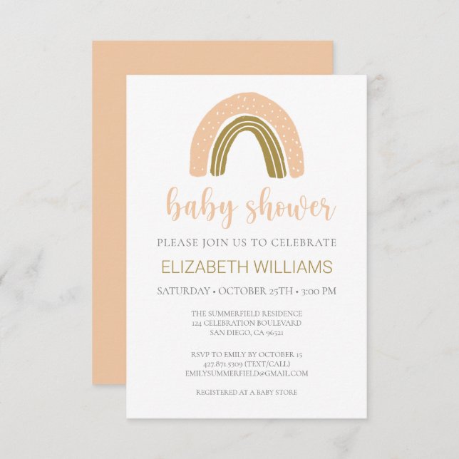 Invitation Budget Boho Chic Arc-en-ciel rose Baby shower or (Devant / Derrière)