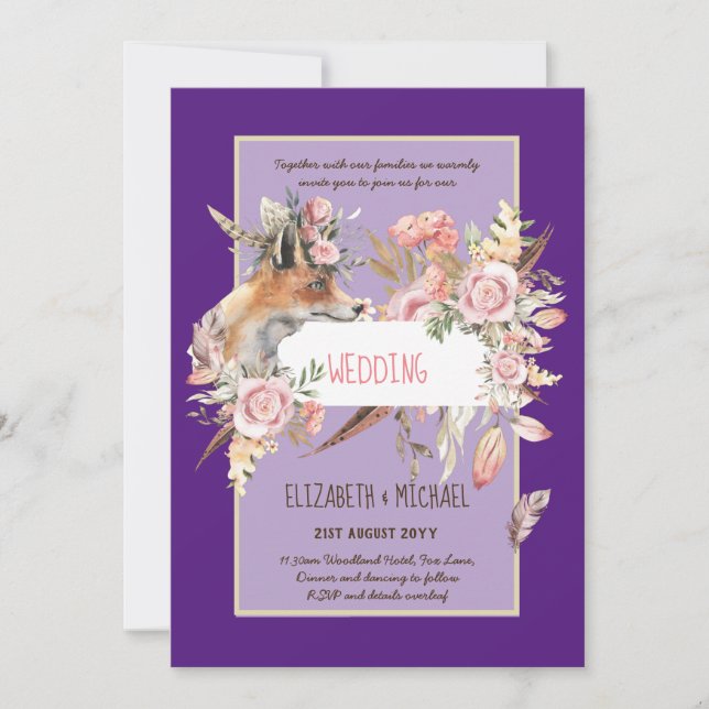 Invitation BUDGET Boho Woodland FOX Floral Mariage Moderne (Devant)