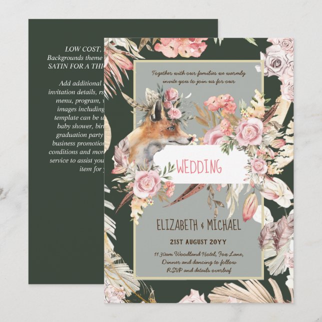 Invitation BUDGET Boho Woodland FOX Floral Mariage Moderne (Devant / Derrière)