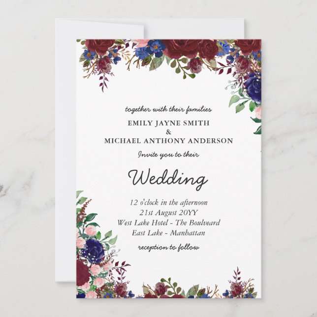 Invitation Budget Bourgogne Blue Floral Mariage Invite (Devant)