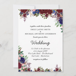 Invitation Budget Bourgogne Blue Floral Mariage Invite