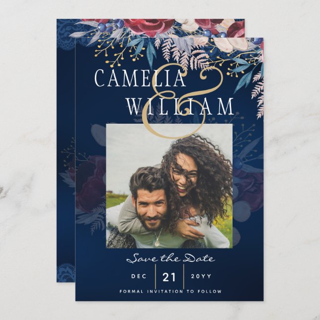 Invitation Budget Burgundy Blue Floral dentelle Mariage SAVE  (Devant / Derrière)