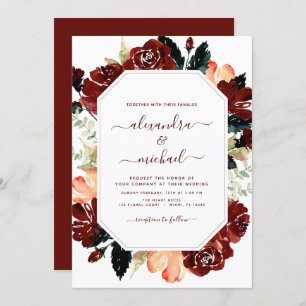Invitation Budget Burgundy Marine Bleu Floral Mariage Élégant