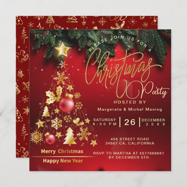 Invitation Budget Christmas Tree Party Golden and Red (Devant / Derrière)