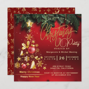 Invitation Budget Christmas Tree Party Golden and Red