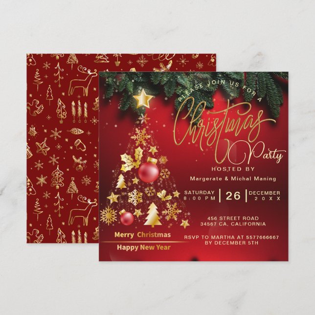 Invitation Budget Christmas Tree Party Golden and Red (Devant / Derrière)
