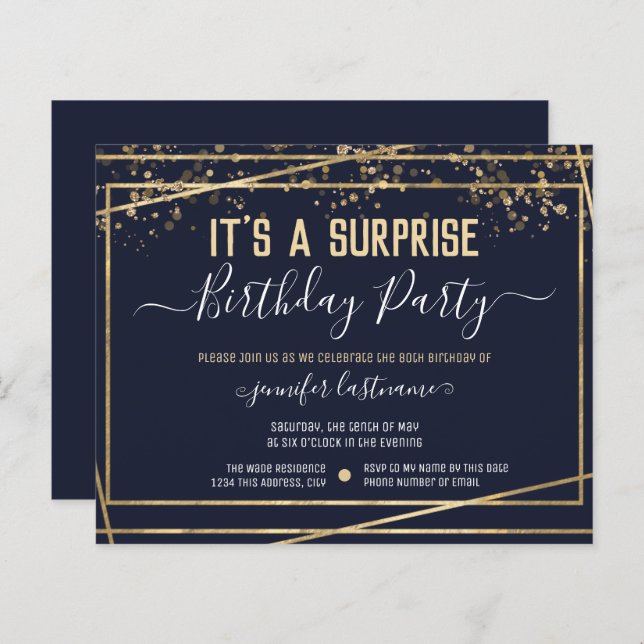 Invitation Budget de fête d'anniversaire surprise (Devant / Derrière)