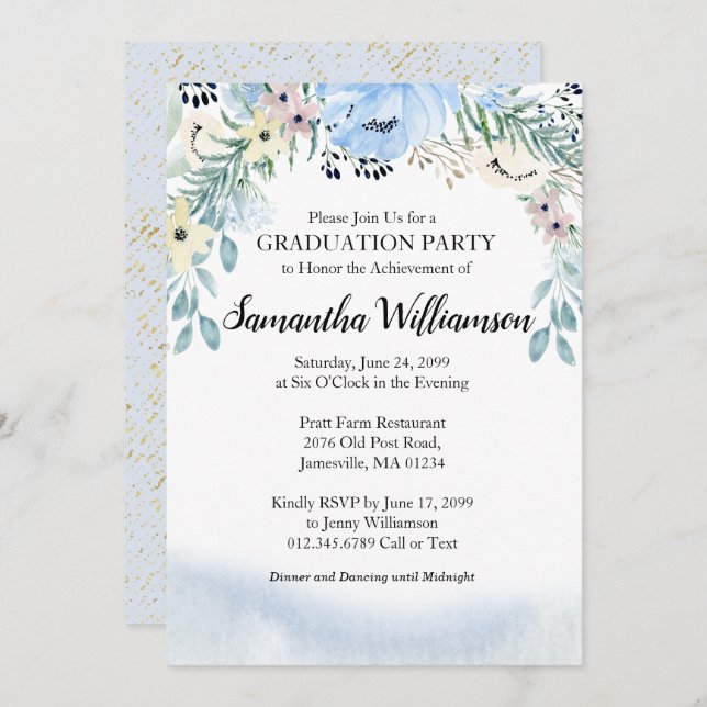 Invitation Budget Dusty Blue Floral Graduation Party (Devant / Derrière)
