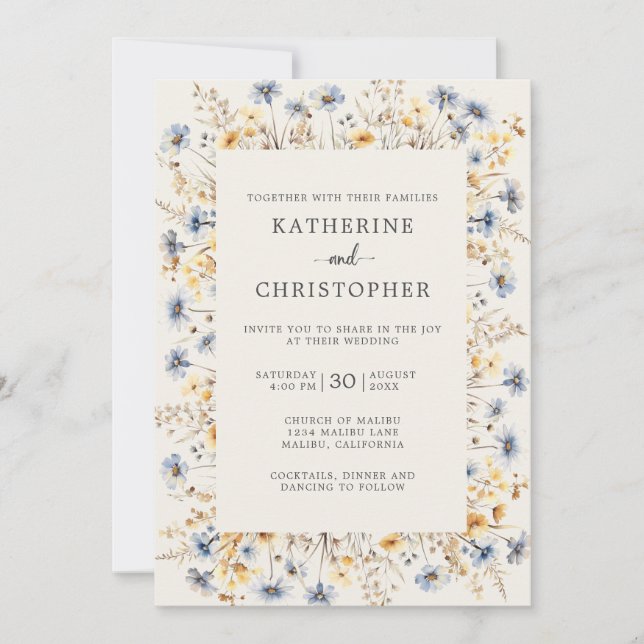 Invitation Budget Dusty Fleur sauvage bleu tout en un Mariage (Devant)
