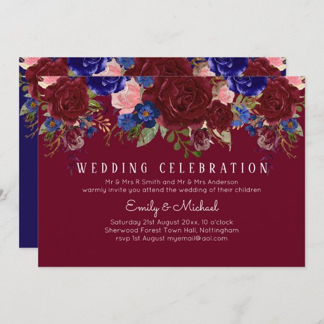 Invitation BUDGET Elégant Burgundy Blue Floral Mariage Invita (Devant / Derrière)