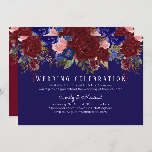 Invitation BUDGET Elégant Burgundy Blue Floral Mariage Invita (Devant / Derrière)