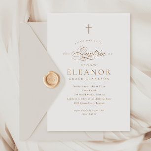 Invitation Budget Elegant Gold Cross Calligraphie Baptême