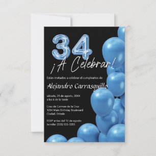 Invitation Budget Espagnol Ballons Bleus Noir 34e anniversair