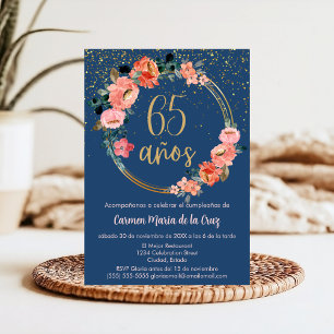 Invitation Budget Espagnol Bleu Or Rose Floral 65e anniversai