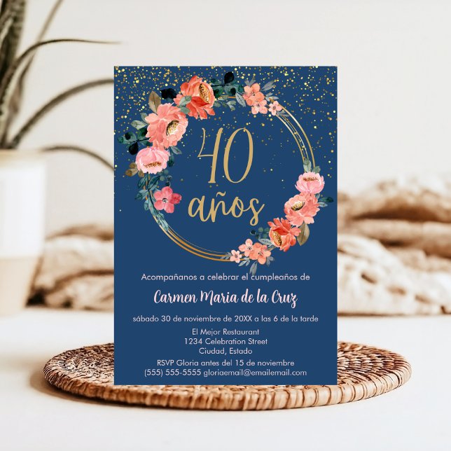 Invitation Budget Espagnol Élégant Fancy Floral 40e Anniversa (Créateur téléchargé)