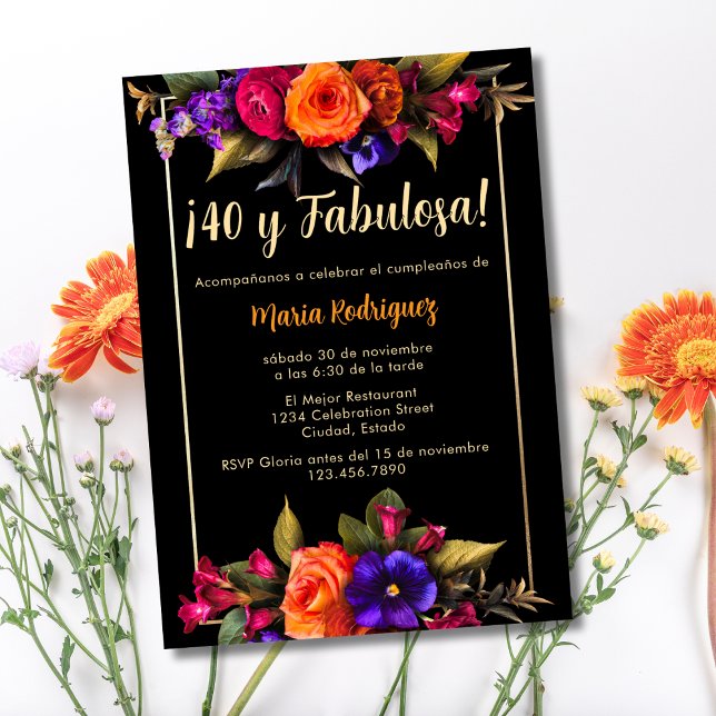 Invitation Budget Espagnol Élégants Floraux Noir 40e Annivers (Créateur téléchargé)