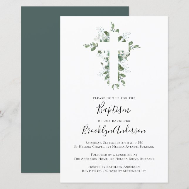 Invitation Budget Eucalyptus Baptême (Devant / Derrière)