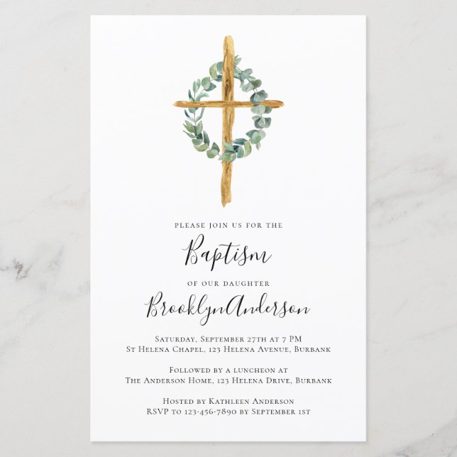 Invitation Budget Eucalyptus Cross Baptism (Devant)
