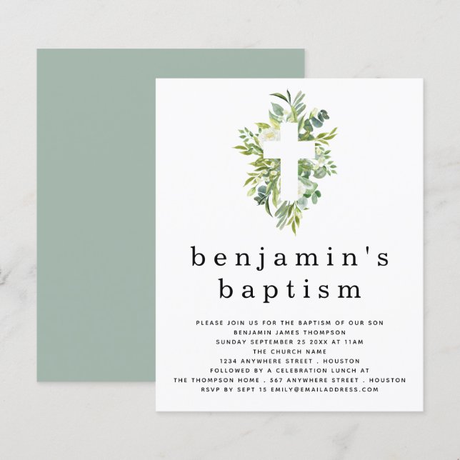 Invitation Budget Eucalyptus Cross Baptism (Devant / Derrière)
