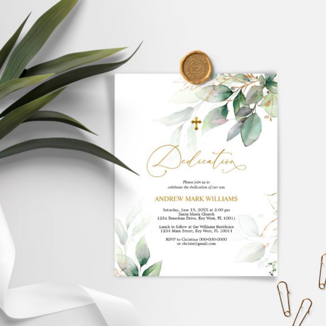 Invitation Budget Eucalyptus & Gold Dedication (Créateur téléchargé)