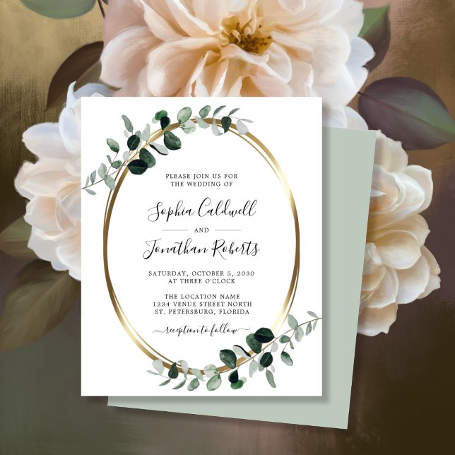 Invitation Budget Eucalyptus Gold Foil Sage Mariag (Budget Eucalyptus Gold Oval Wedding Invitation ScriptNames WhiteSage)