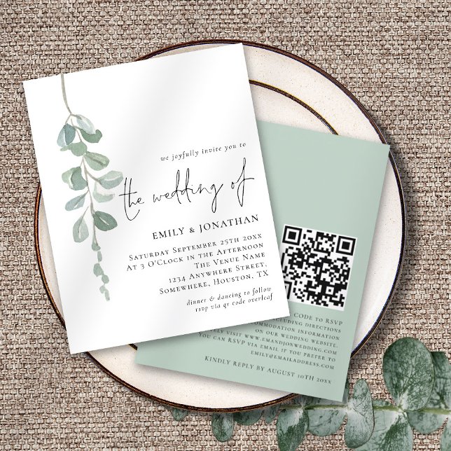 Invitation Budget Eucalyptus Script QR Sage Weddin (Front and back view)