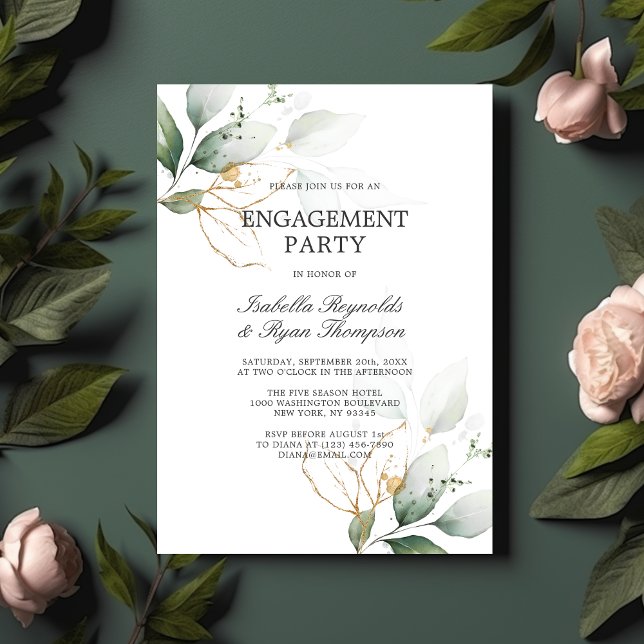 Invitation BUDGET Feuille Gold Watercolor ENGAGEMENT PARTI (BUDGET Leaves Gold Watercolor ENGAGEMENT PARTY Invitation)