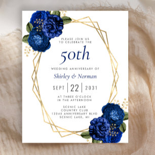 Invitation Budget Fleur Royal Bleu Géométrique Or 