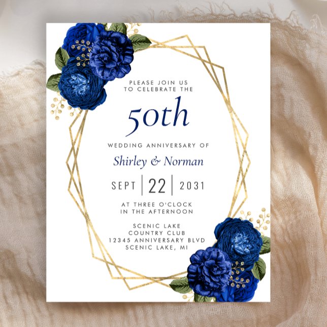 Invitation Budget Fleur Royal Bleu Géométrique Or  (Créateur téléchargé)