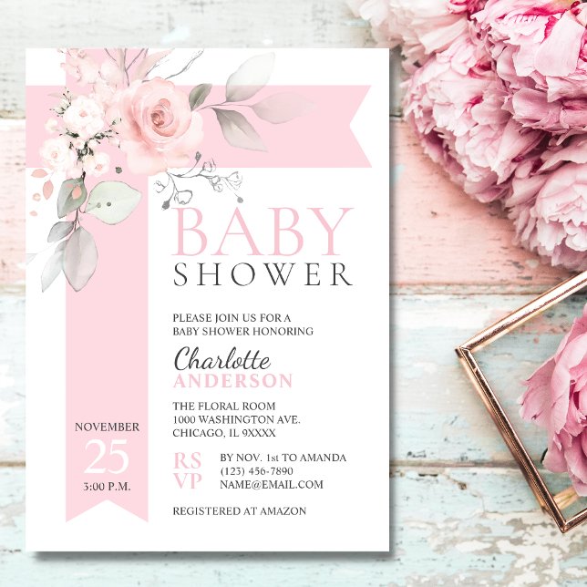 Invitation Budget Floral Roses Blush Pink Girl BABY SHOWER (Créateur téléchargé)