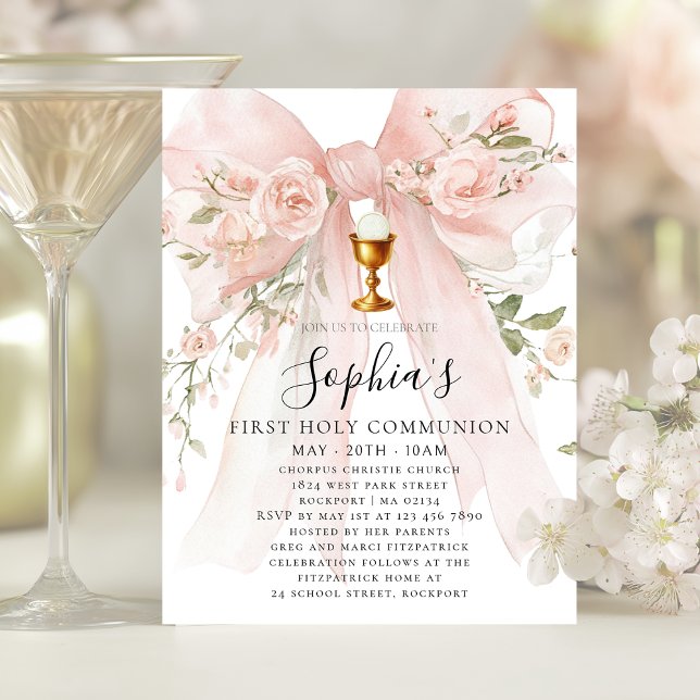 Invitation BUDGET Girl First Holy Communion Pink Bow  (Créateur téléchargé)