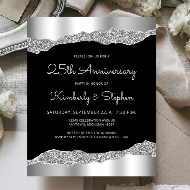 Invitation Budget Glam Argent Noir 25e Anniversair (Créateur téléchargé)