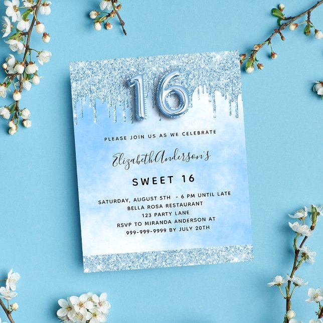 Invitation budget glitter bleu clair pour Sweet 16 (Créateur téléchargé)