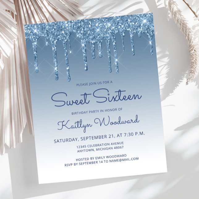 Invitation Budget Glitter Drip Bleu Sweet 16 (Créateur téléchargé)