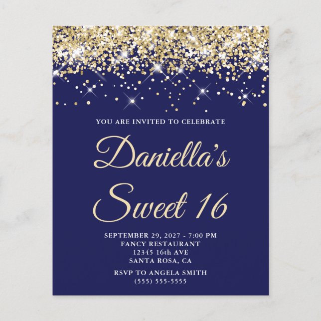 Invitation Budget Glitter Or Pale Navy Sweet 16 (Devant)