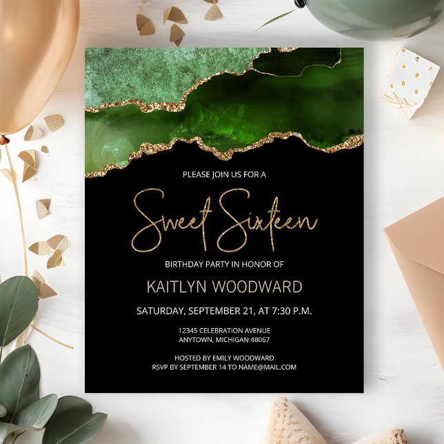Invitation Budget Green Gold Agate Dark Sweet 16 (Créateur téléchargé)