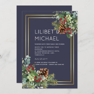 Invitation BUDGET Hiver Baies rouges Pine Cônes Mariage