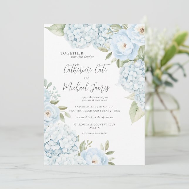 Invitation Budget Hydrangea Bleue Élégant Mariage Floral  (Debout devant)