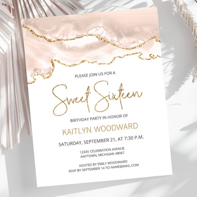 Invitation Budget Ivory Gold Agate Sweet 16 (Créateur téléchargé)