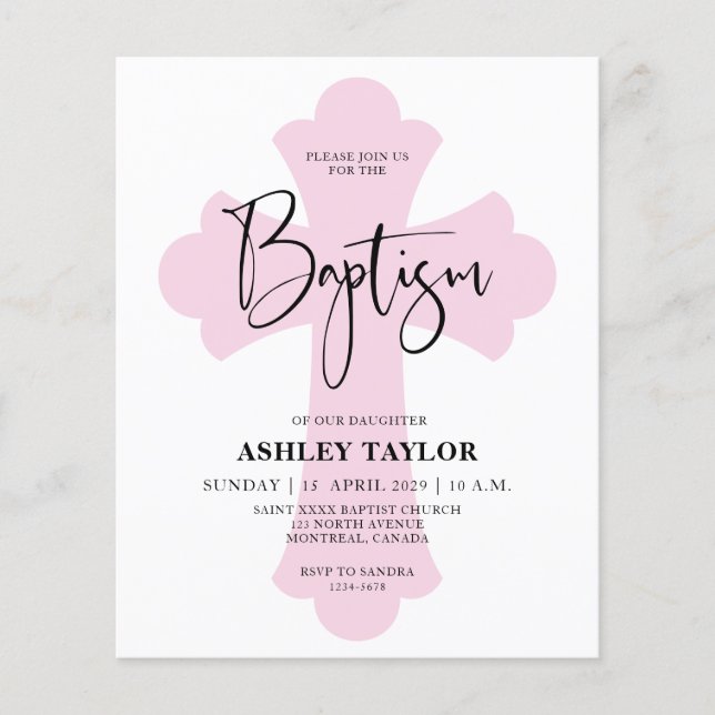 Invitation Budget Light Pink Cross Baptism (Devant)