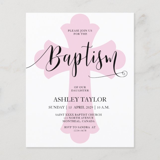 Invitation Budget Light Pink Cross Baptism (Devant)