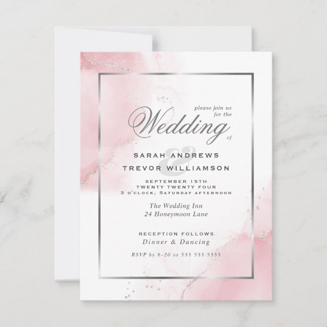 Invitation Budget Mariage Blush Pink Silver Abstrait (Devant)