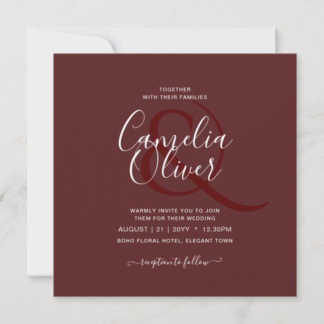 Invitation BUDGET Mariage Bordeaux Rouge Foncé Monochrome Tex (Devant)