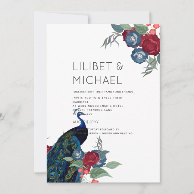 Invitation Budget Mariage de automne d'hiver Peacock Bleu Bou (Devant)