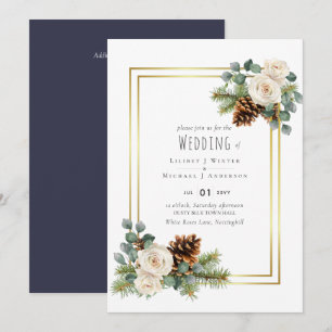 Invitation BUDGET Mariage d'hiver Roses blanches Or Dusty Ble