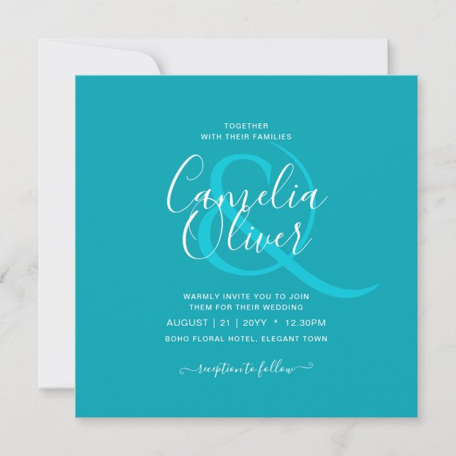 Invitation BUDGET Mariage Monochrome Bleu Paon Turquoise (Devant)