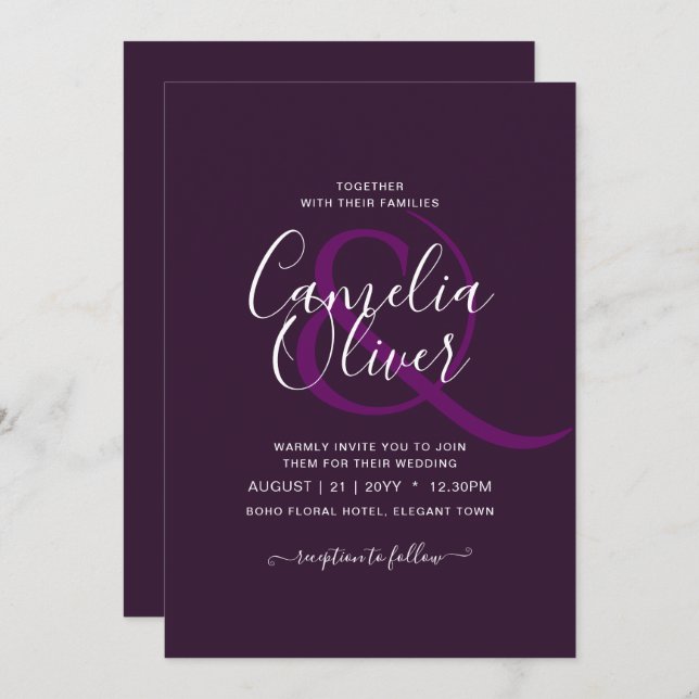 Invitation BUDGET Mariage PLUM PURPLE Monochrome Simple (Devant / Derrière)