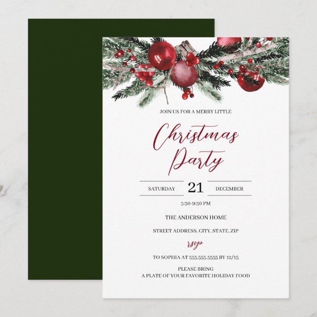 Invitation Budget Noël Rouge Vert Floral Festif Fête  (Devant / Derrière)